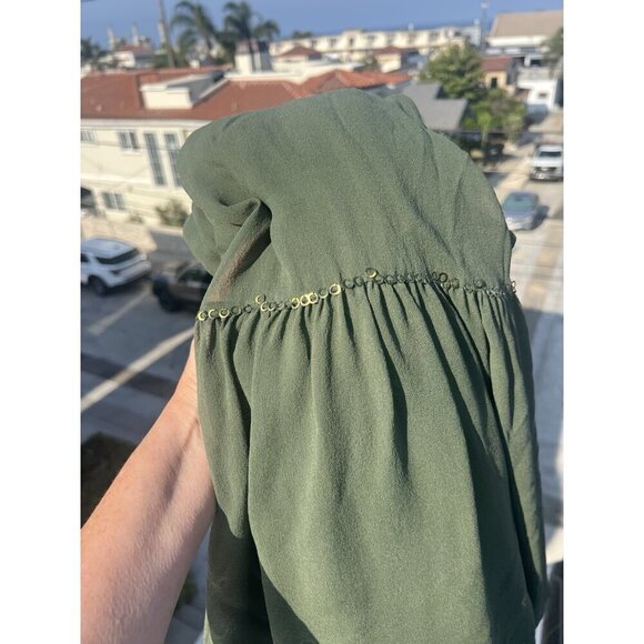 Vintage Y2K BCBGMaxAzria army green halter silk empire waist dress boho 10 beads - Picture 2 of 10